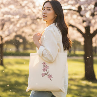 Vacker Rosa Blommig Gren Vårblom Toteväska Tygkasse