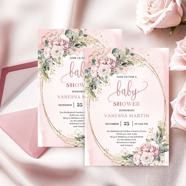Vacker Rosa Blommig Grönska Flickig Bebis Shower Inbjudningar (Lovely Blush Floral Greenery Girl Baby Shower)