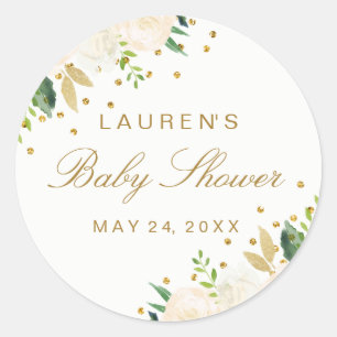Vacker rosa blommig guldglitter Baby Shower Runt Klistermärke