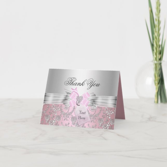 Vacker rosa blommig och band tackkort (Framsida)
