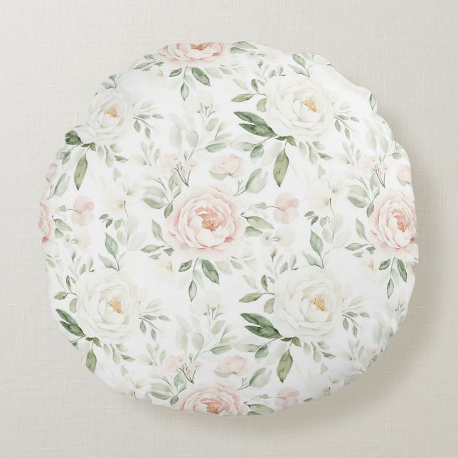 Vacker Rosa Blommig Rosa Rund Kudde (Framsidan)