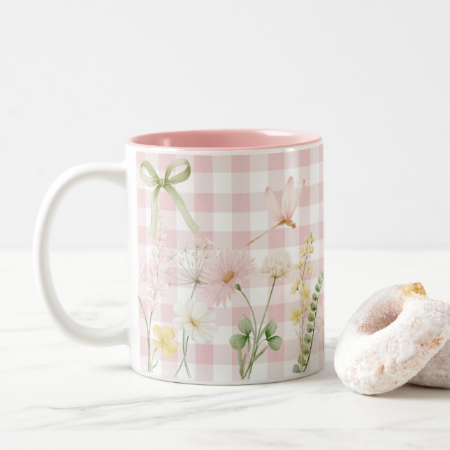 Vacker rosa blommig rutig Två-Tonad mugg (Med munk)