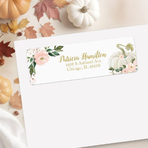 Vacker rosa blommig vit pumpa höst baby shower returadress etikett