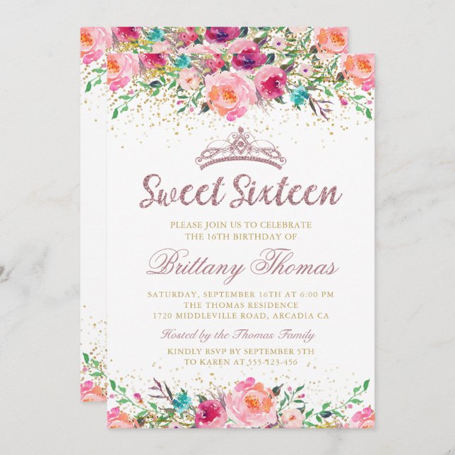 Vacker Rosa Blommigt Sweet sixteen 16 födelsedag Inbjudningar (Fram/baksida)