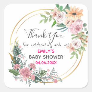 Vacker rosa blomsterkrans Tack Baby Shower Fyrkantigt Klistermärke