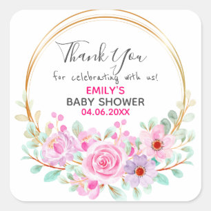 Vacker rosa blomsterkrans Tack Baby Shower Fyrkantigt Klistermärke
