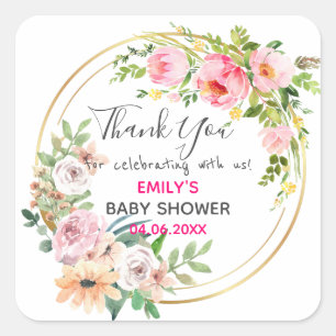 Vacker rosa blomsterkrans Tack Baby Shower Fyrkantigt Klistermärke