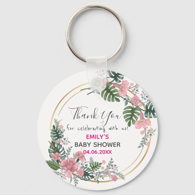 Vacker rosa blomsterkrans Tack Baby Shower Nyckelring (Framsida)