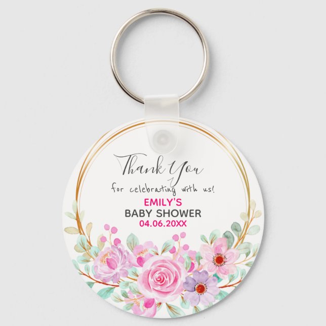 Vacker rosa blomsterkrans tack Baby Shower Nyckelring (Framsida)