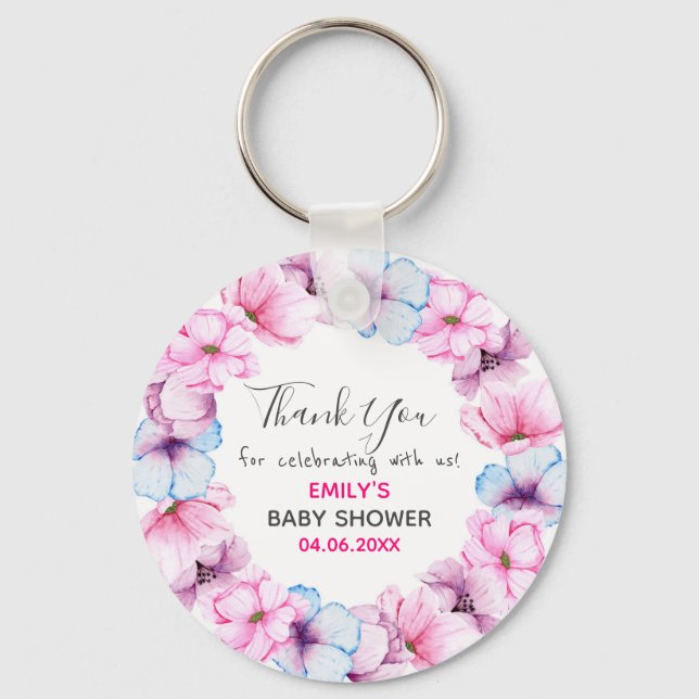 Vacker rosa blomsterkrans tack baby shower nyckelring (Framsida)