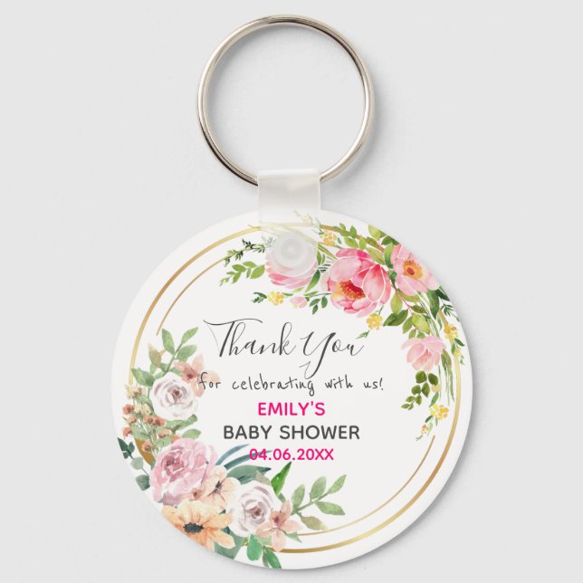 Vacker rosa blomsterkrans Tack Baby Shower Nyckelring (Framsida)