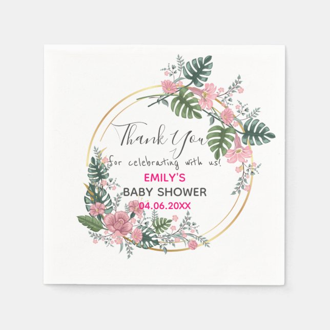 Vacker rosa blomsterkrans Tack Baby Shower Pappersservett (Framsidan)