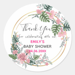 Vacker rosa blomsterkrans Tack Baby Shower Runt Klistermärke
