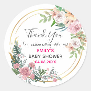 Vacker rosa blomsterkrans Tack Baby Shower Runt Klistermärke