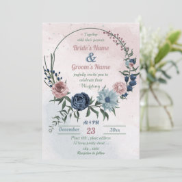 vacker rosa blue blommigt greenery wand bröllop inbjudningar