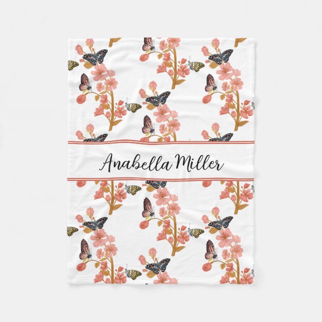 Vacker Rosa Boho Butterfly Mönster Kids Namn Fleecefilt (Framsidan)