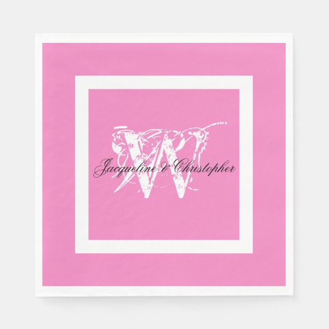 Vacker Rosa Bröllop Chic Vit Monogram Pappers      Pappersservett (Framsidan)