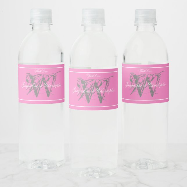 Vacker Rosa Bröllop Grå Monogram Vitt Namn Vattenflaskor Etikett (Flaskor)