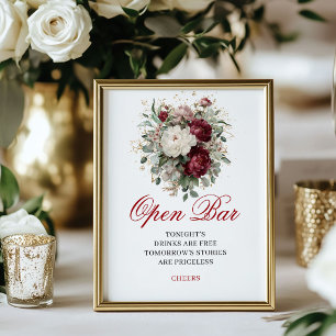 Vacker Rosa Burgunder Öppen Bar Bröllopsskylt Poster
