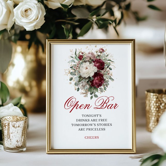 Vacker Rosa Burgunder Öppen Bar Bröllopsskylt Poster (Beautiful Blush Burgundy Open Bar Wedding Sign)