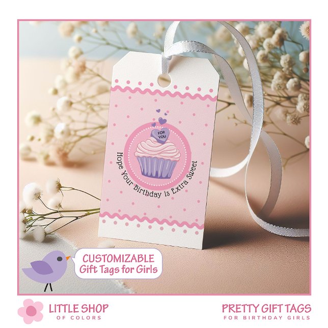 Vacker rosa cupcake anpassningsbar födelsedag presentetikett (Skapare uppladdad)