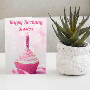 Vacker rosa Cupcake Foto Anpassad Glad Födelsedag Kort