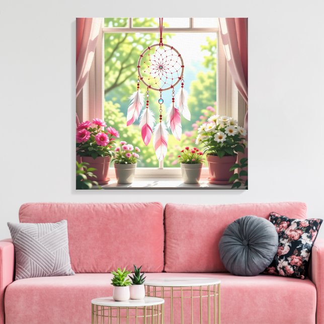 Vacker Rosa Drömfångare och Växter Fönsterbräda Canvastryck (Insitu (Vardagsrum))