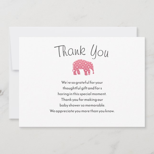 Vacker Rosa Elefant Baby Shower Tack Kort (Framsida)