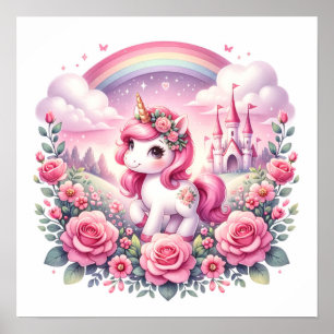 Vacker rosa enhörning och sagoslott poster