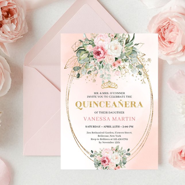 Vacker rosa eukalyptus Quinceañera-inbjudan Inbjudningar (Pretty Blush Pink Eucalyptus Quinceañera Invite

)