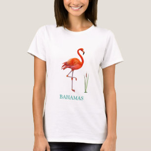 Vacker Rosa Flamingo Fågel & Vass Växt T-Shirt