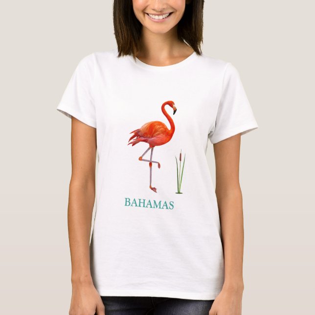 Vacker Rosa Flamingo Fågel & Vass Växt T-Shirt (Framsida)