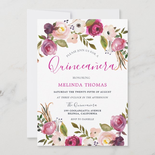 Vacker Rosa Flowers Quinceanera 15:e födelsedagen Inbjudningar (Framsida)