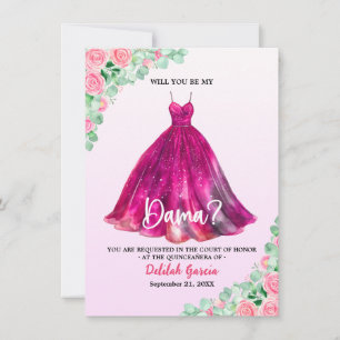 Vacker rosa formell Quinceañera Dama-förfrågan Inbjudningar