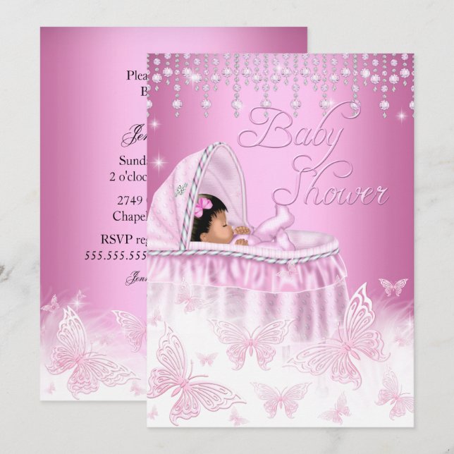 Vacker Rosa Glitterfjäril Bebis Baby Shower Etnisk Inbjudningar (Fram/baksida)