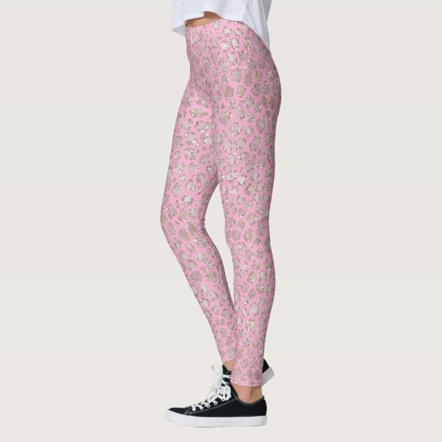 Vacker Rosa Glittrig Glitter Gnistrande Leopard Leggings (Vänster)