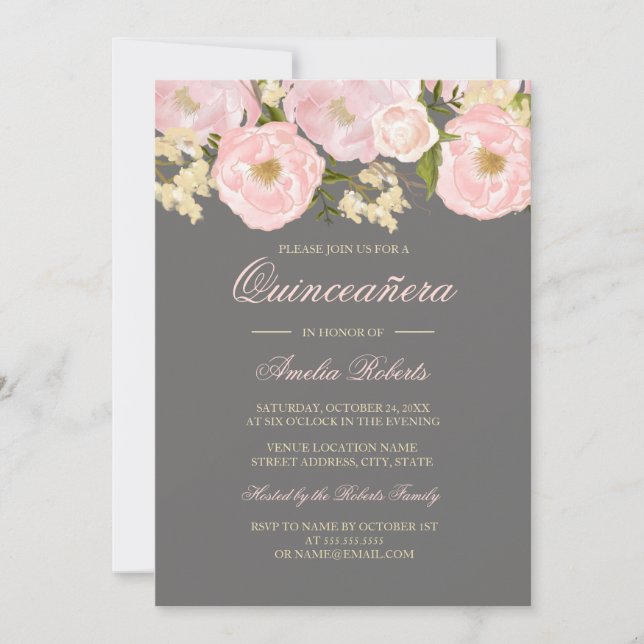 Vacker rosa grå blomsterlig Quinceanera inbjudan (Framsida)