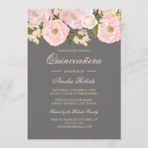 Vacker rosa grå blomsterlig Quinceanera inbjudan