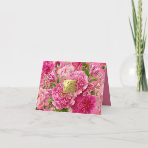 Vacker rosa & grön blomster monogram tackkort