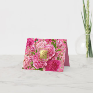 Vacker rosa & grön blomster monogram tackkort
