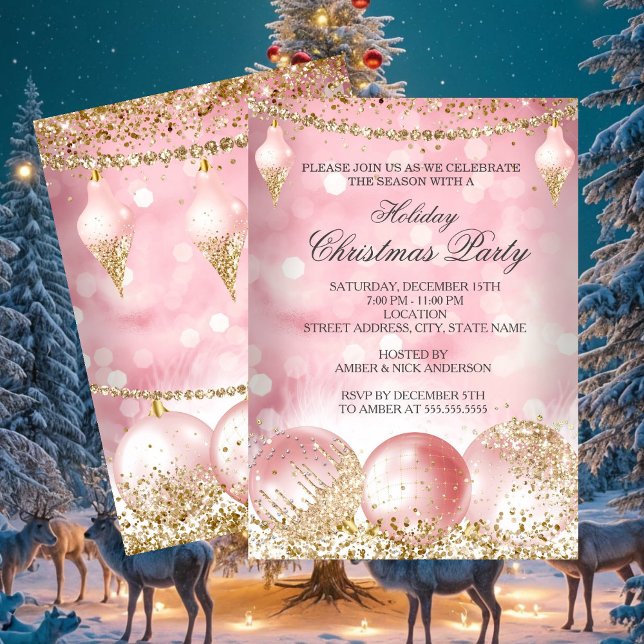 Vacker Rosa Guld Bauble Holiday Julfest Inbjudningar (Skapare uppladdad)