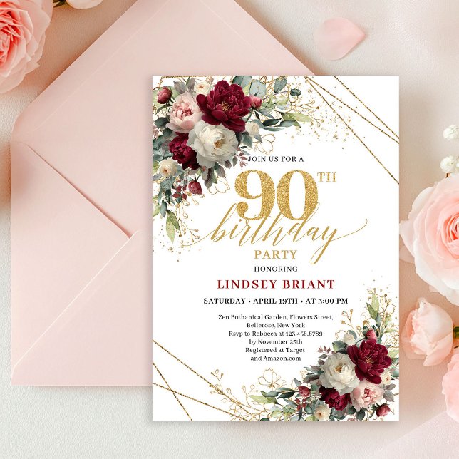 Vacker Rosa Guld Blommig 90-års Födelsedagsinbjuda Inbjudningar (Pretty Blush Gold Floral 90th Birthday Invitation Card

)