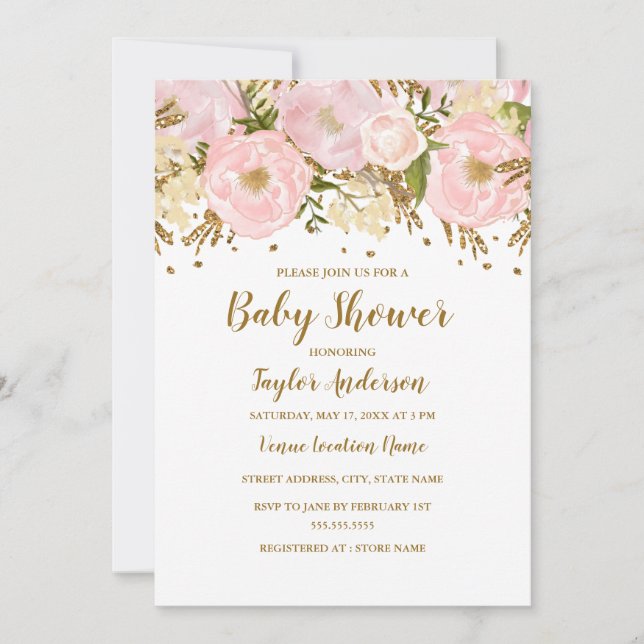 Vacker rosa guldblommig baby shower inbjudningar (Framsida)