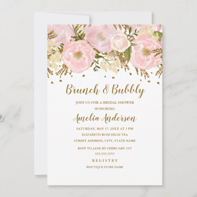 Vacker rosa guldblommig brunch och bubbel inbjudningar (Framsida)