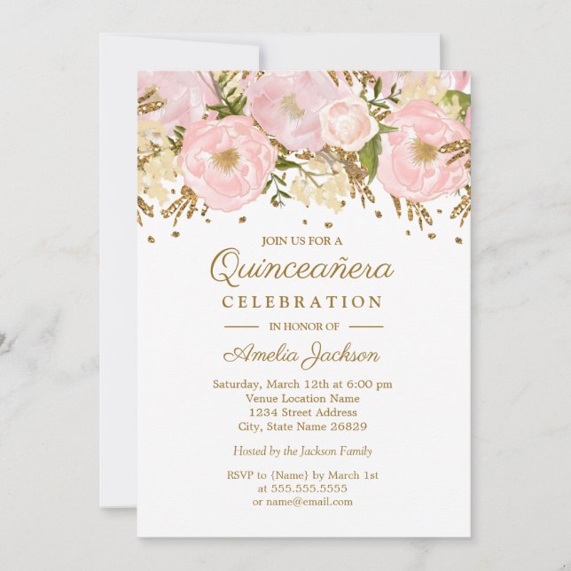 Vacker rosa guldblommig Quinceanera Inbjudningar (Framsida)