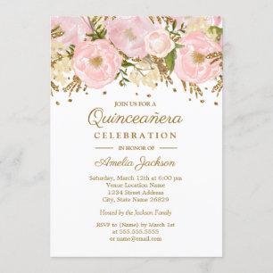 Vacker rosa guldblommig Quinceanera Inbjudningar
