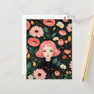 Vacker Rosa Hair och Flowers Vykort