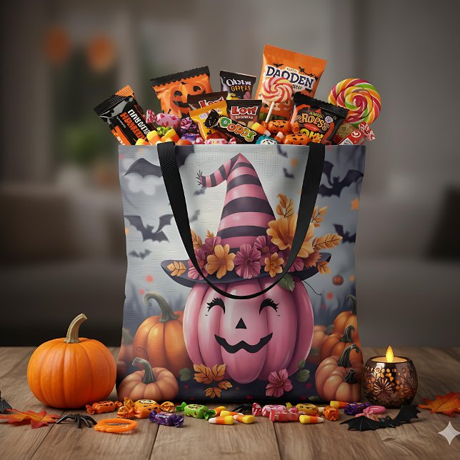 Vacker rosa Halloween-pumpa Jack-o-lantern Tygkasse (Skapare uppladdad)