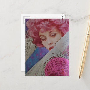 Vacker rosa hår Retro dam Mixed Media Collage Vykort