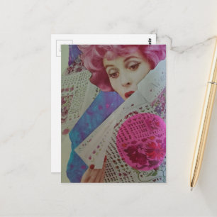 Vacker Rosa Hår Retro Dam Mixed Media Collage Vykort